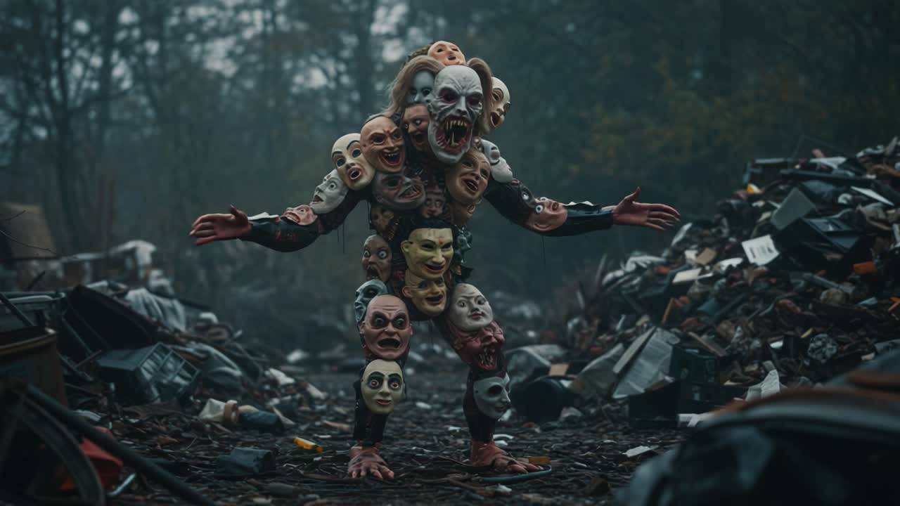 A Nightmarish Figure Adorned with Numerous Disfigured Masks Stands Amongst the Ruins of a Forgotten Junkyard, Eliciting Fear and Intrigue in an Eerie Atmosphere