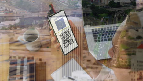 animación de una mujer con un teléfono inteligente con pasaporte de vacunación contra la covid-19 sobre el paisaje urbano
