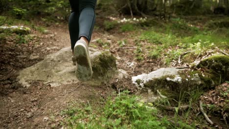 Fitte-Frau-In-Schwarzen-Strumpfhosen-Mit-Leichten-Turnschuhen,-Die-Auf-Einem-Felsigen-Feldweg-Durch-Waldbäume-Einen-Berg-Hinauf-Wandern