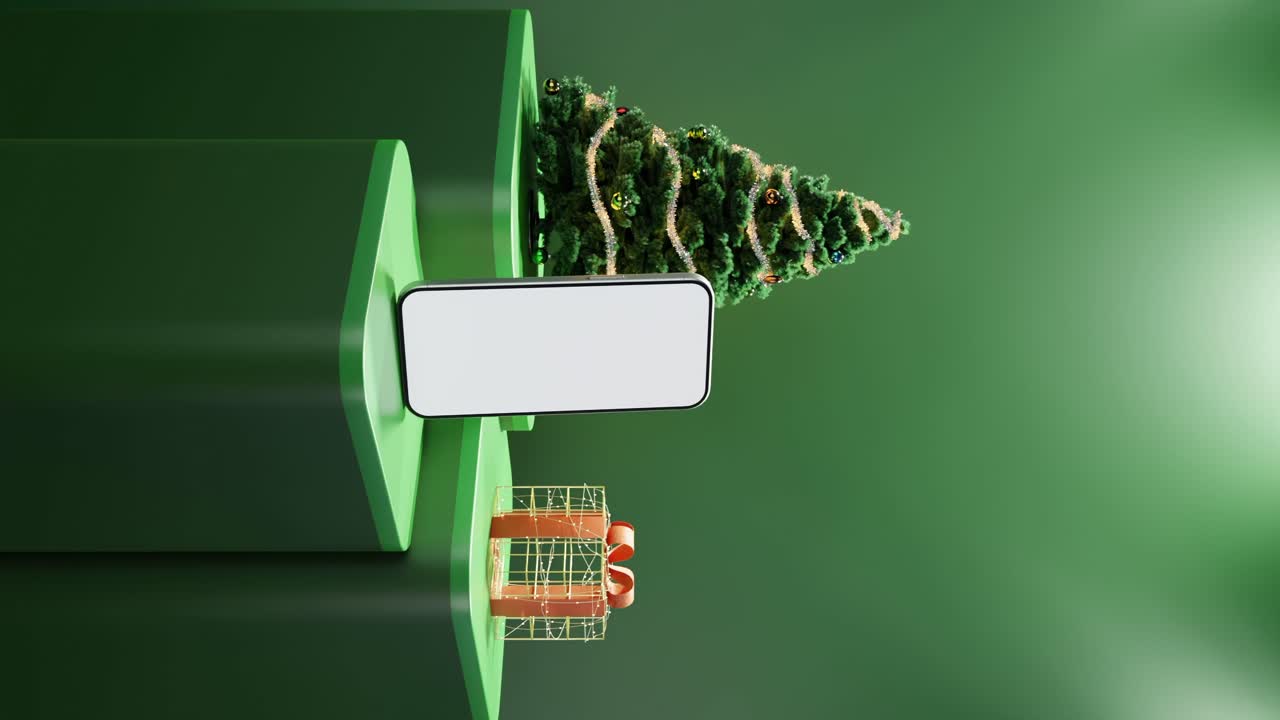 teléfono inteligente, árbol de navidad, y regalo envuelto en fondo verde vertical