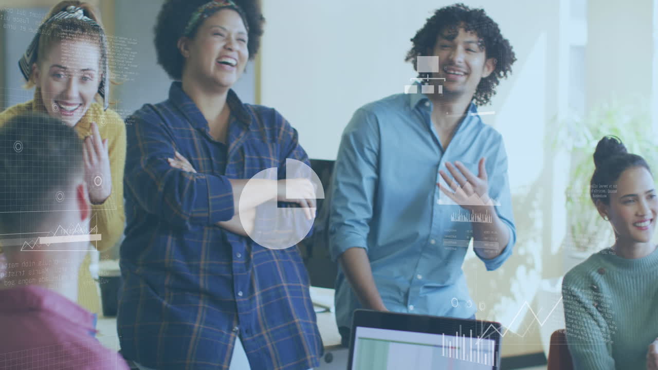 Animation of statistical data processing over team of diverse colleagues smiling together at office