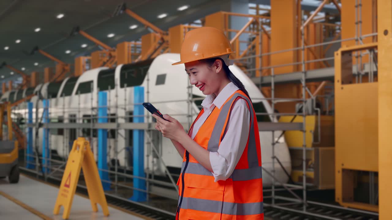 Inquadratura laterale di ingegnere donna asiatica con casco di sicurezza che usa uno smartphone mentre è in piedi, ingegneri addetti alla manutenzione dei treni in un deposito