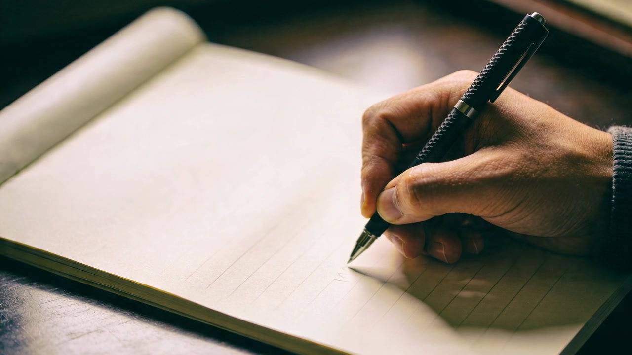 Lowering right-hand ribbed-cuff with poised black pen on notebook at desk, drawing mark, copy space