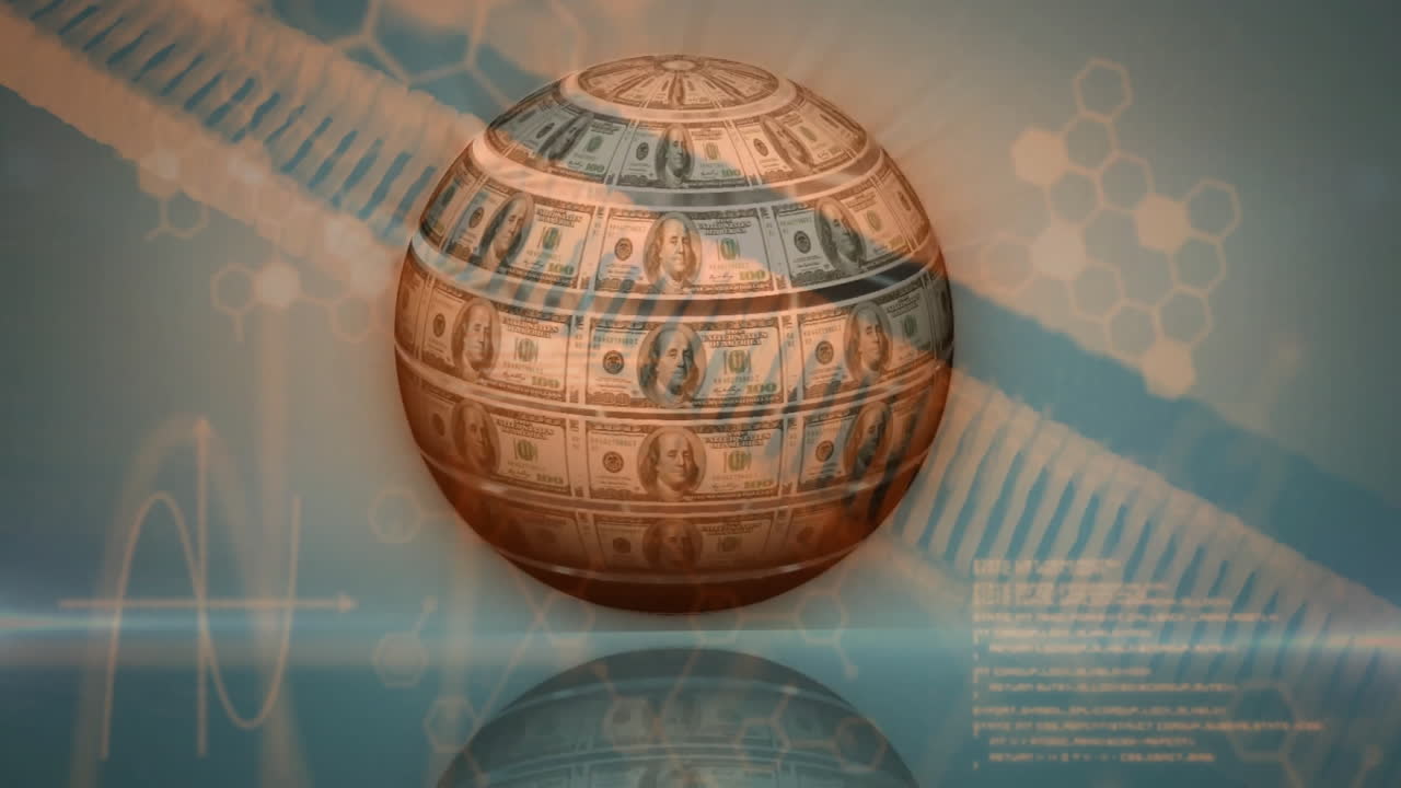 Sphere made of dollar bills with DNA strand and data processing animation