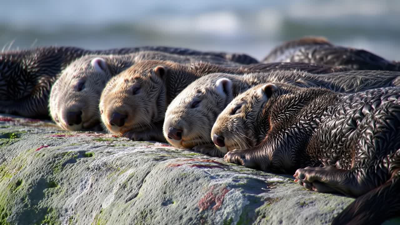 Four Sea Otters Resting Peacefully on a Rock, Displaying Their Cozy and Social Nature in a Beautiful Coastal Setting