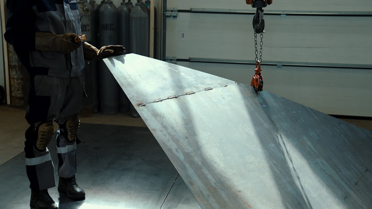Factory worker in a hard hat is moving a metal detail with a remote crane. Lifting large sheet of metal