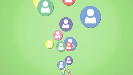 animation of colourful circles with profiles icons moving on green background