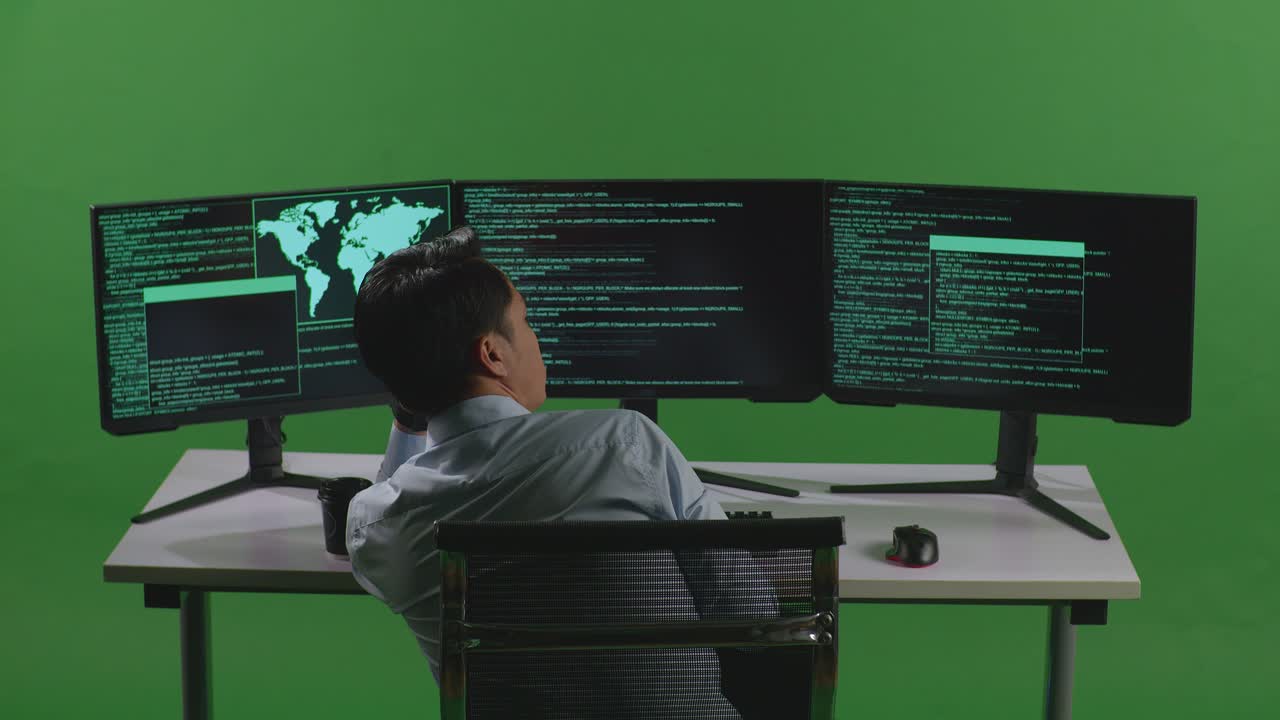 Back View Of Bored Asian Man Developer Write Code With Multiple Computer Screens In Green Screen Studio