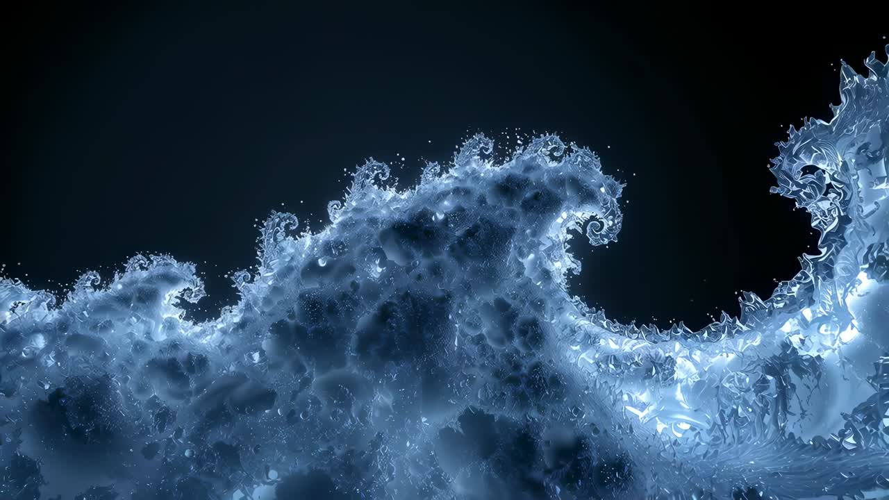 Shifting blue fractal crest expanding on frame advance in dark void, revealing foam curls and drops