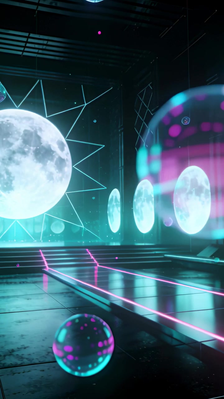 Video verticale: Sfera alla deriva che entra da destra, oscurando il disco lunare e rifrangendo luce al neon su una pista.