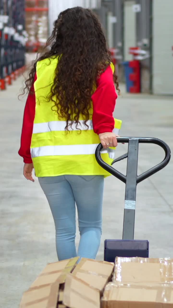 A worker pulls a hand truck in a warehouse