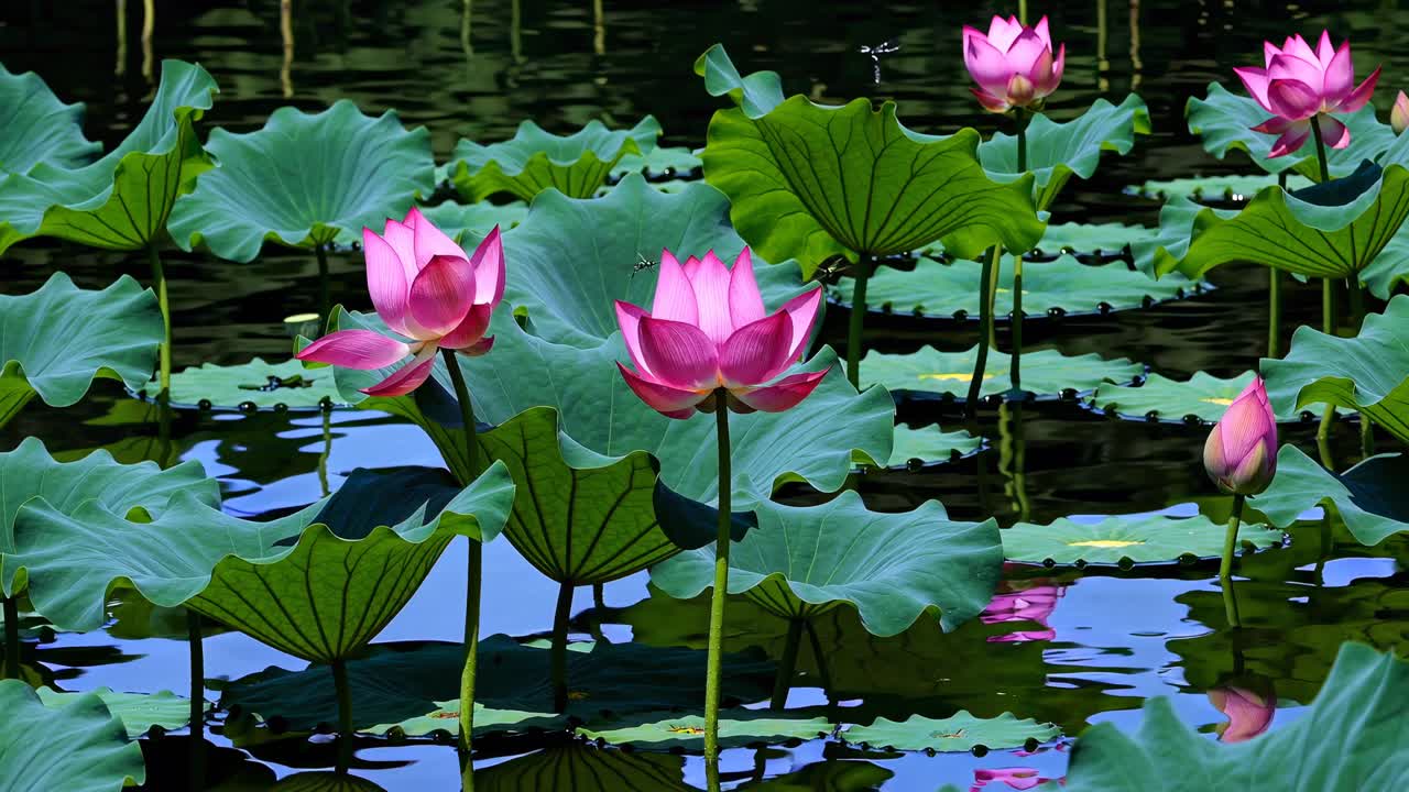A serene video scene of blooming pink lotus flowers on water, captured from a low angle