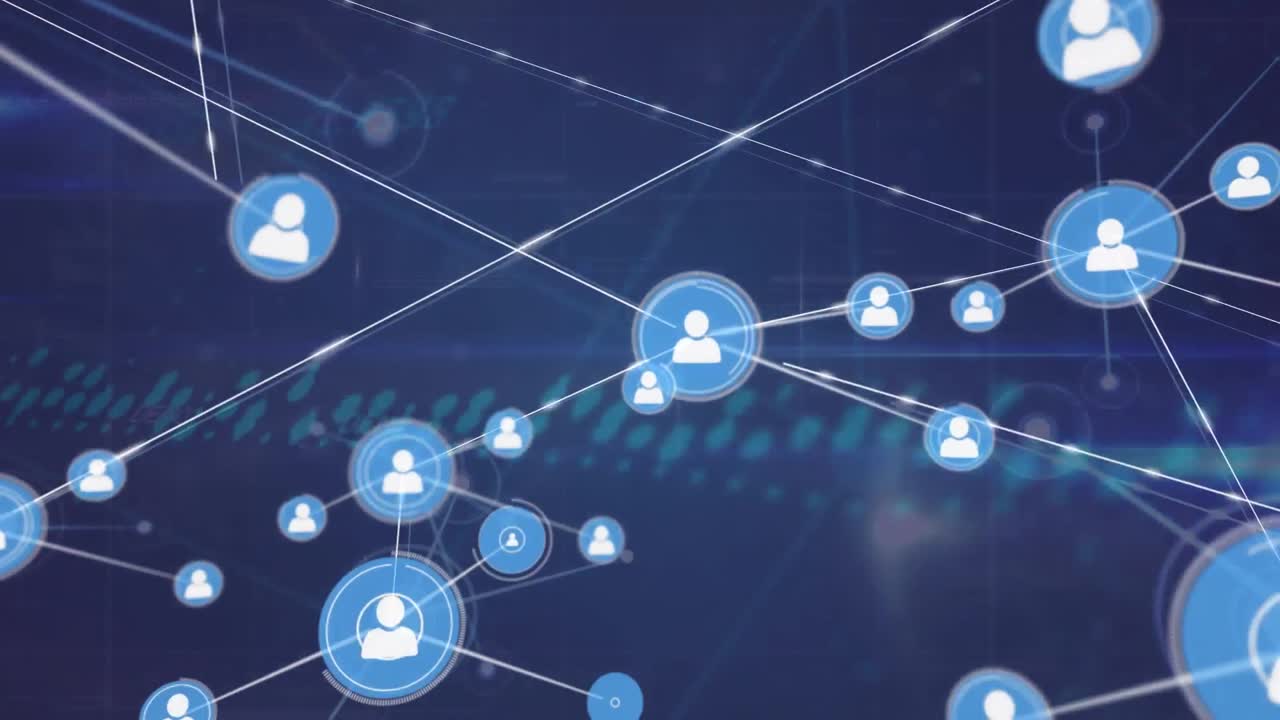 animación de iconos conectados con líneas sobre gráficos y números cambiantes en fondo azul.