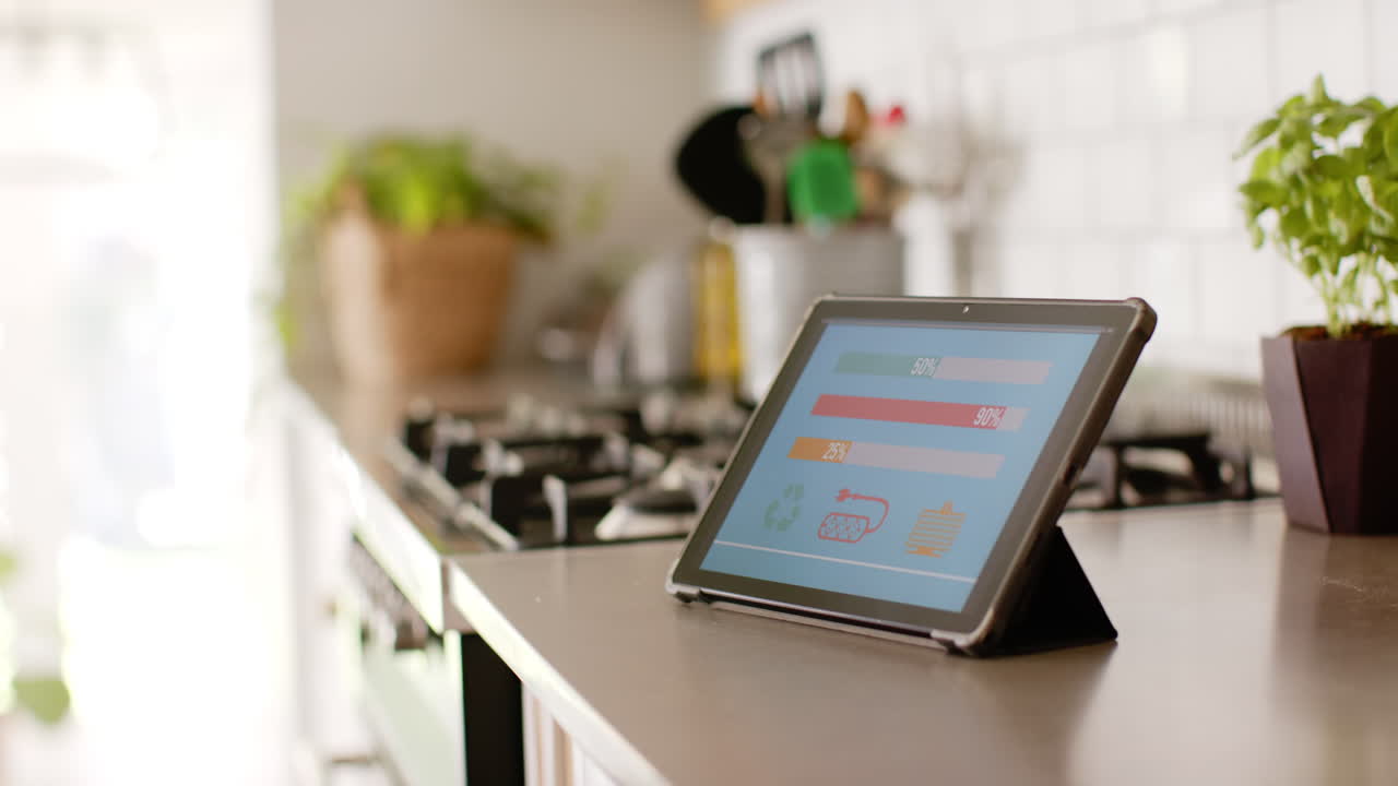 A tablet displaying colorful graphs of home energy usage sits on kitchen counter