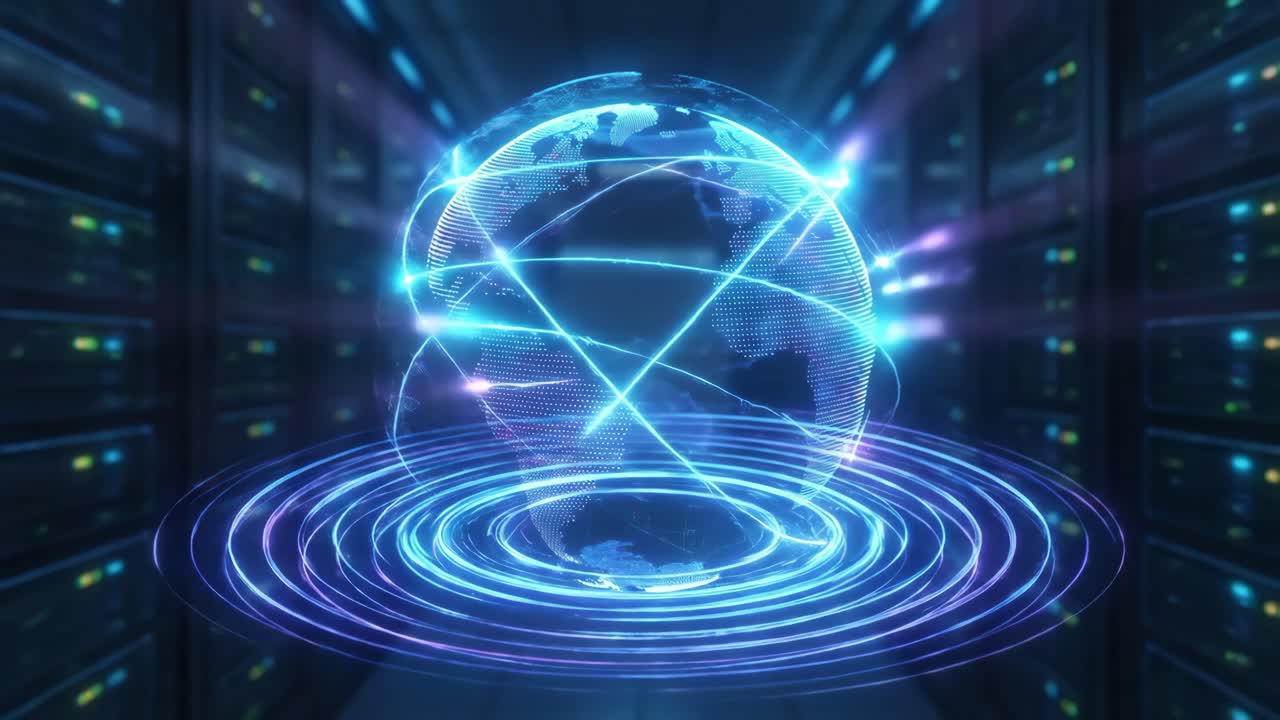 Digital Earth Globe with Data Connections in Server Room