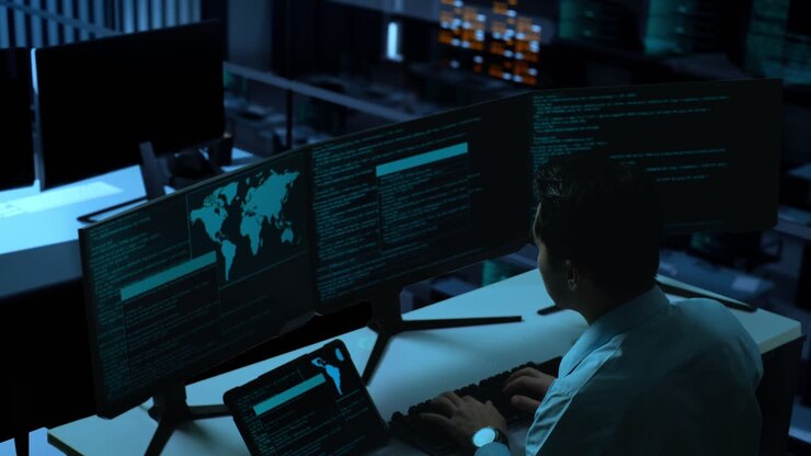 Side View Of Asian Man Developer Working With Tablet While Write Code With Multiple Computer Screens In The Office