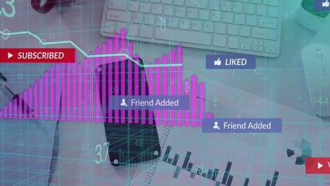 animación del procesamiento de datos financieros a través de un teléfono inteligente con espacio de copia en el escritorio.