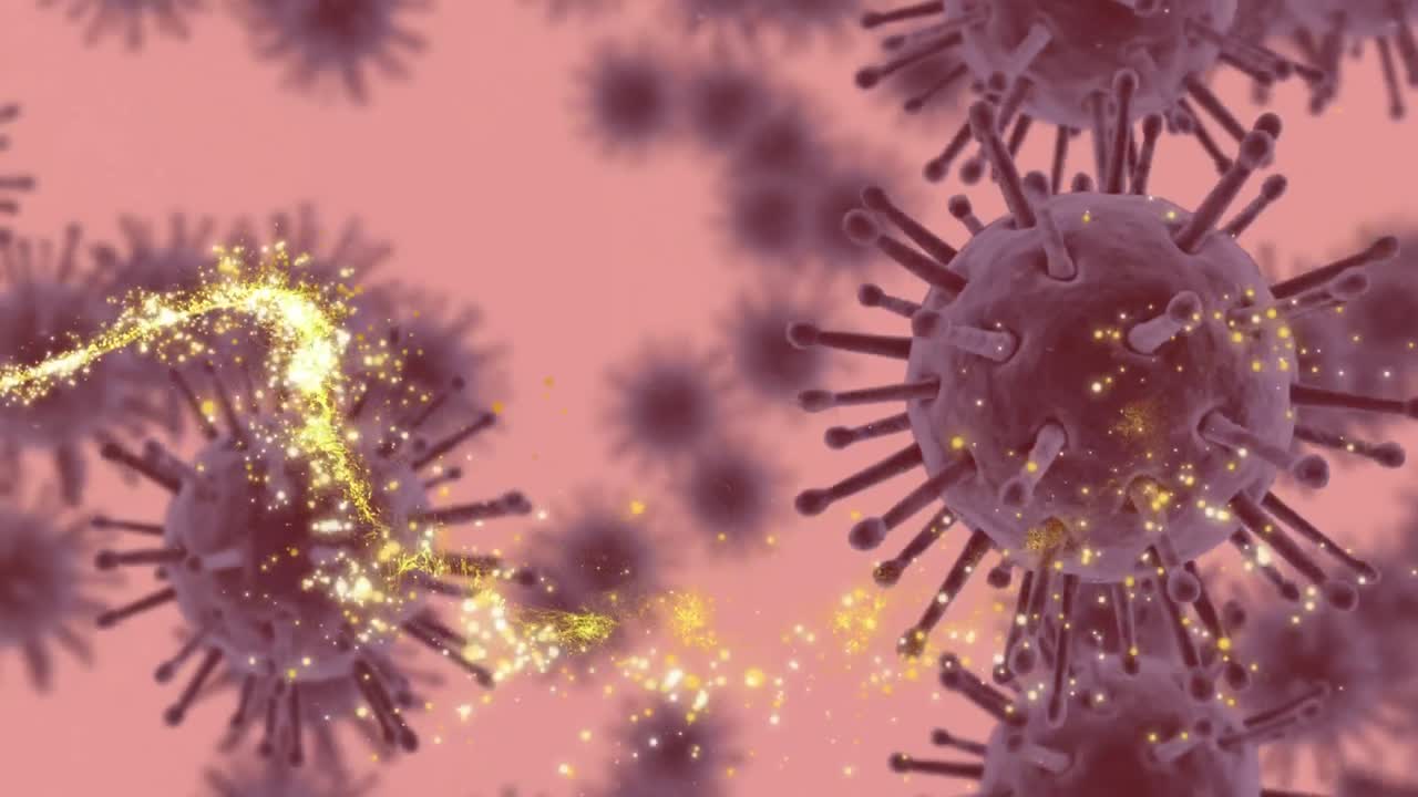 animación de estrellas fugaces y células de covid 19 flotando