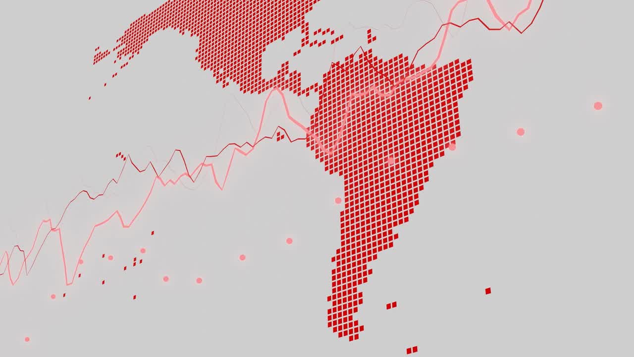 mapa rojo pixelado que destaca américa del norte y del sur con formas de onda superpuestas sobre un fondo blanco. concepto de análisis de datos globales y visualización tecnológica