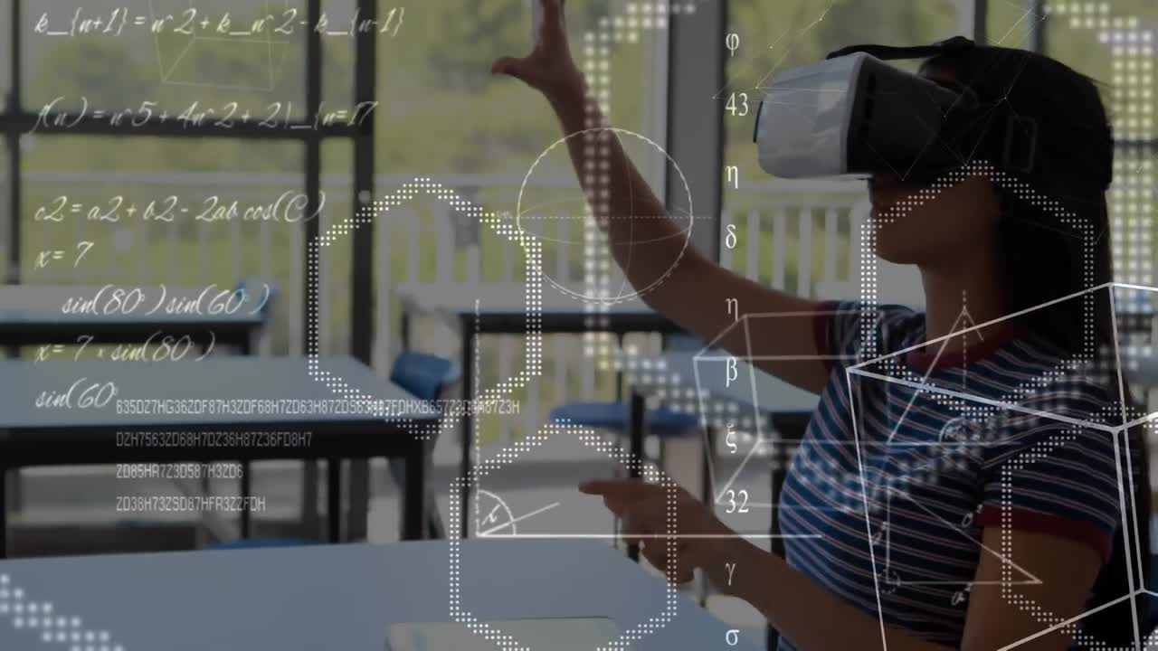 Animation of over equations over schoolgirl wearing vr headset
