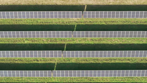 Aerial-close-overhead-view-of-large-solar-farm-with-many-rows-of-solar-panels-creating-green,-renewable-energy-to-replace-fossil-fuels-and-to-power-clean-transition-to-fight-climate-change