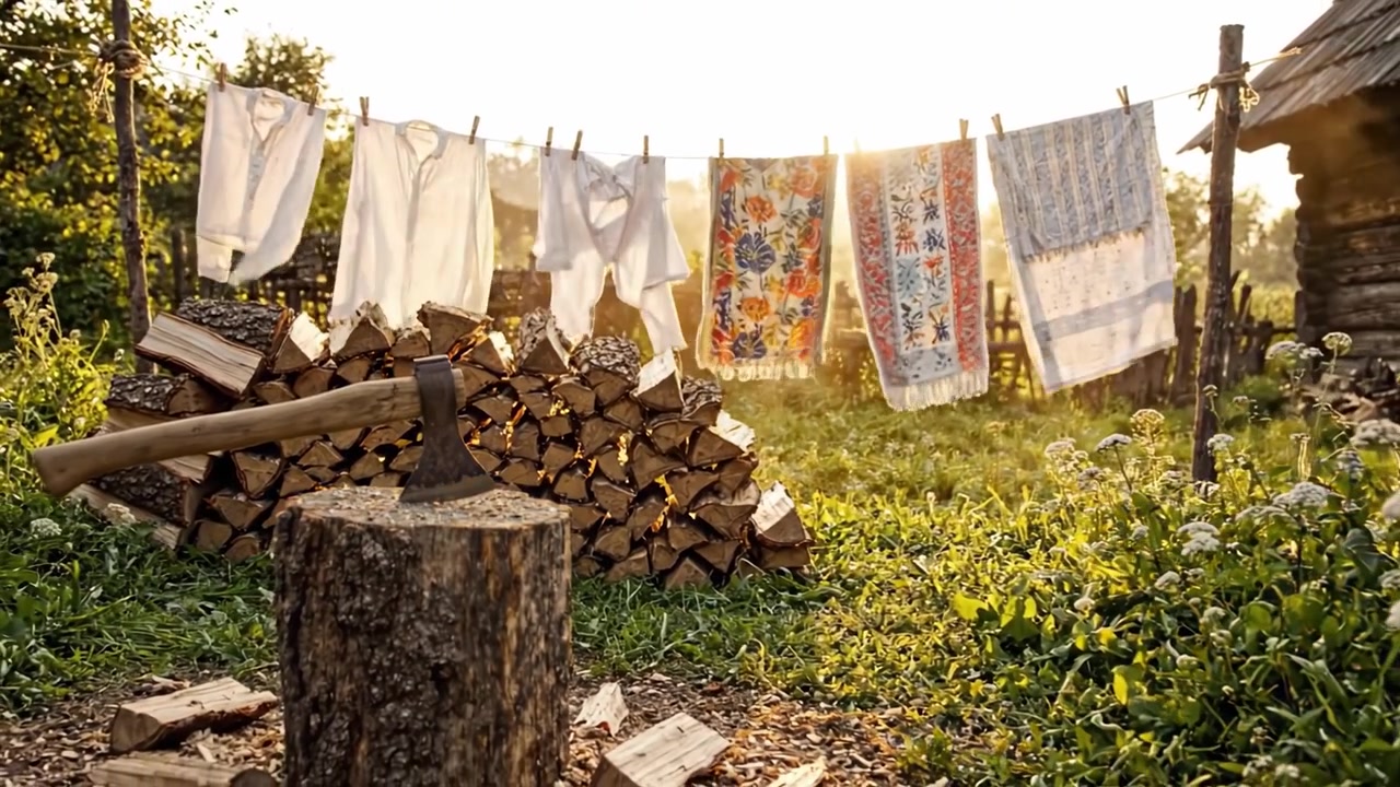 En rustik scene med brændehugning med en økse og tørresnor, der fanger solnedgangens varme lys og naturens ro