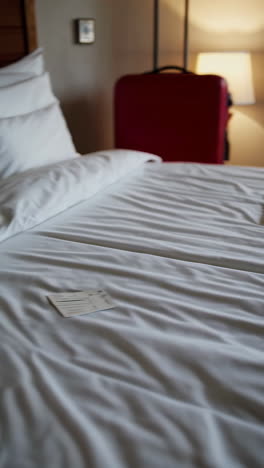 hotel room with luggage and documents