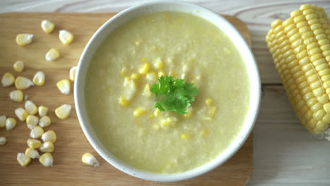 corn soup bowl on wood board