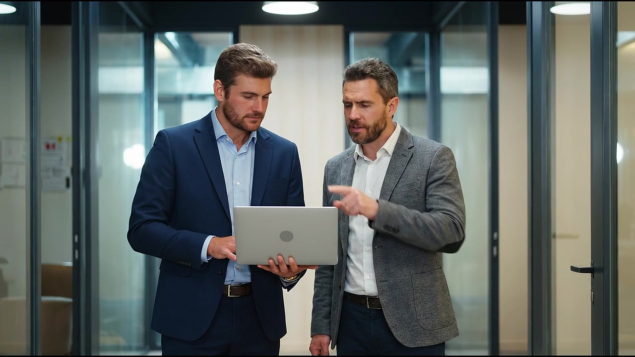 Due uomini d'affari che discutono i dettagli del progetto insieme mentre esaminano informazioni sul computer portatile all'interno