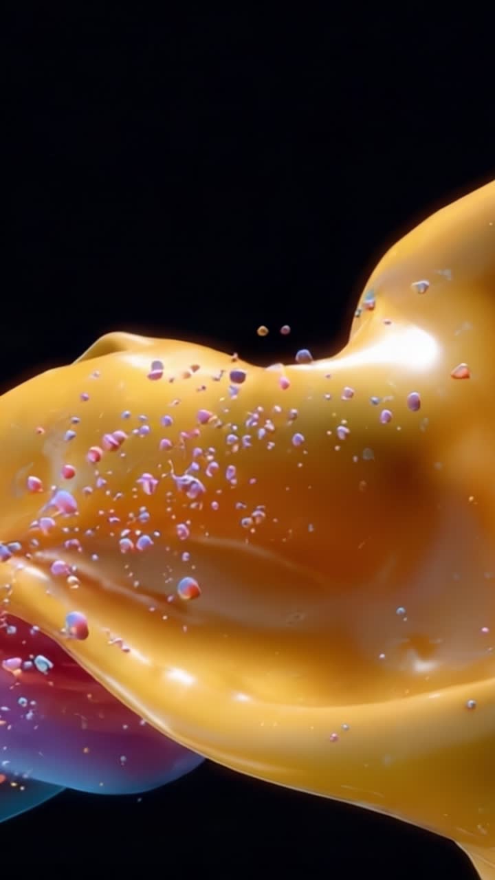 Eine faszinierende Mischung aus lebendigen Farben und Texturen: Dieses visuell beeindruckende Bild fängt die wunderschöne Bewegung flüssiger Polymere in einer kosmisch anmutenden Wirbelformation ein.