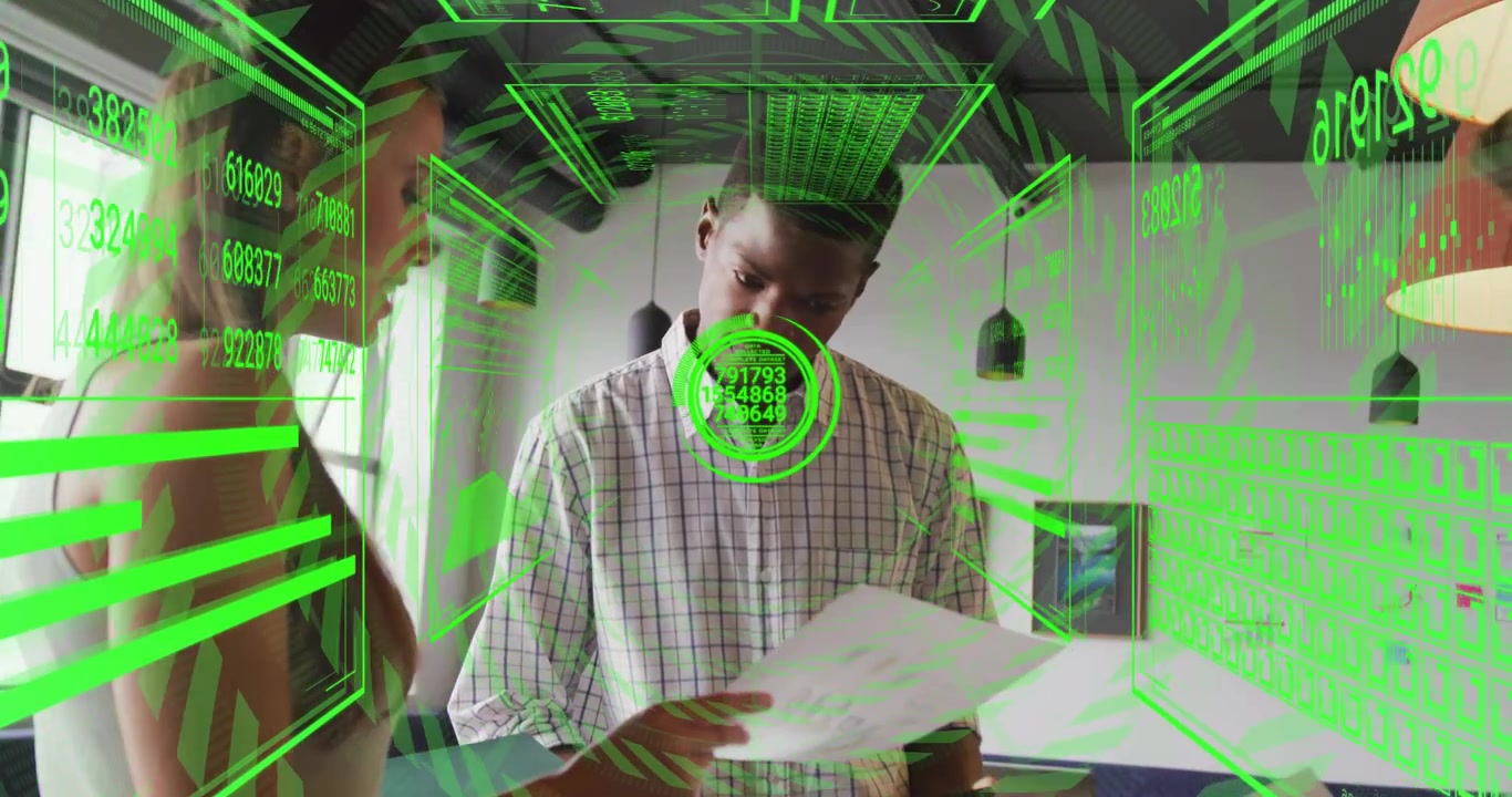 Male and female colleagues examining document in office, starting green overlay scanning head data