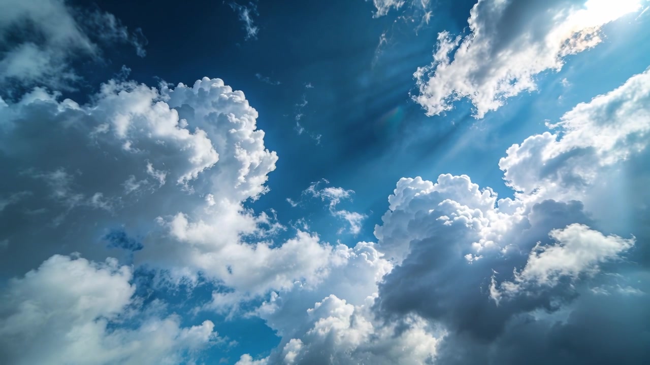 Grandes nubes cúmulos a la deriva que se reforman en un cielo azul profundo mientras se abren huecos revelando haces de luz solar.