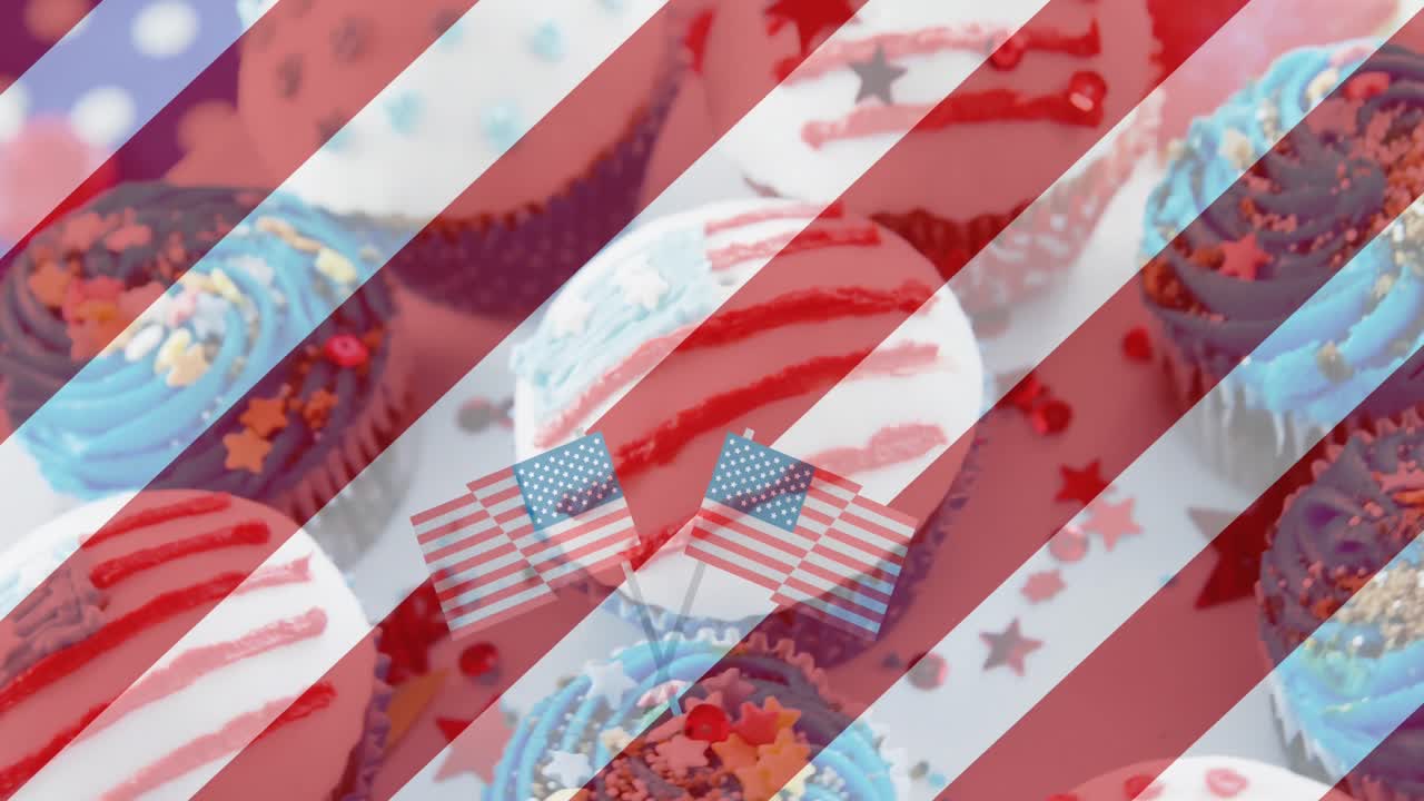미국 발과 과 빨간 줄무가 컵케이크 위에 있는 애니메이션