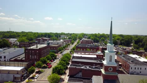 aerial flyover of the busy streets in statesville north carolina