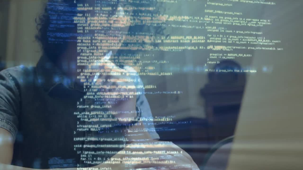 Animation of data processing over woman wearing face