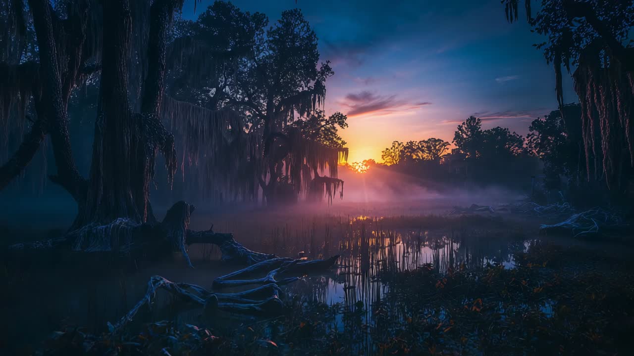 Uno scorcio del sole dorato che sorge sopra un bayou nebbioso all'alba, la nebbia che si dirada e rivela cipressi ricoperti di muschio