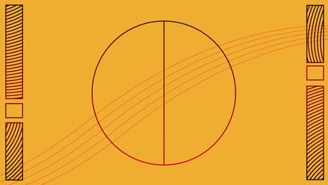 Digital-animation-of-lines-and-abstract-shapes-moving-over-circular-shape-against-yellow-background