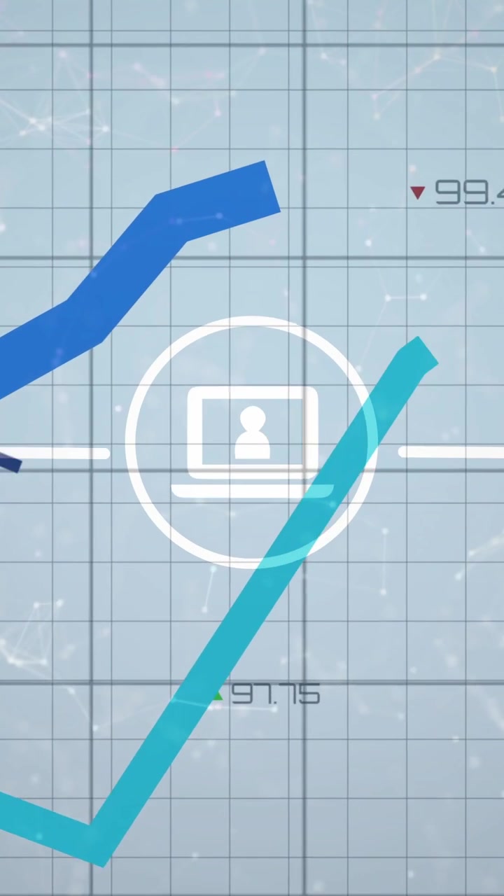 Vertical video: Label popping nudging laptop icon center, lines crossing and updating finance data