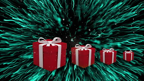 animación de nieve cayendo sobre regalos de navidad en fondo negro