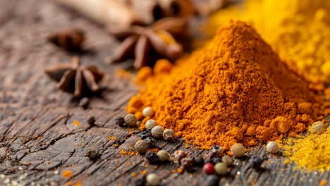 colorful spices on wooden background