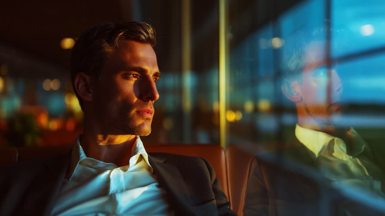 A contemplative young man gazes thoughtfully through a window, reflecting a moment of introspection and quietude in an atmospheric setting filled with soft evening light and urban ambiance