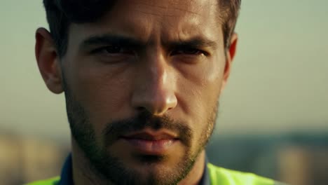 retrato en primer plano de un hombre serio en un chaleco verde