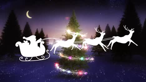 Animation-of-snow-falling-over-santa-claus-in-sleigh-with-reindeer-and-christmas-tree