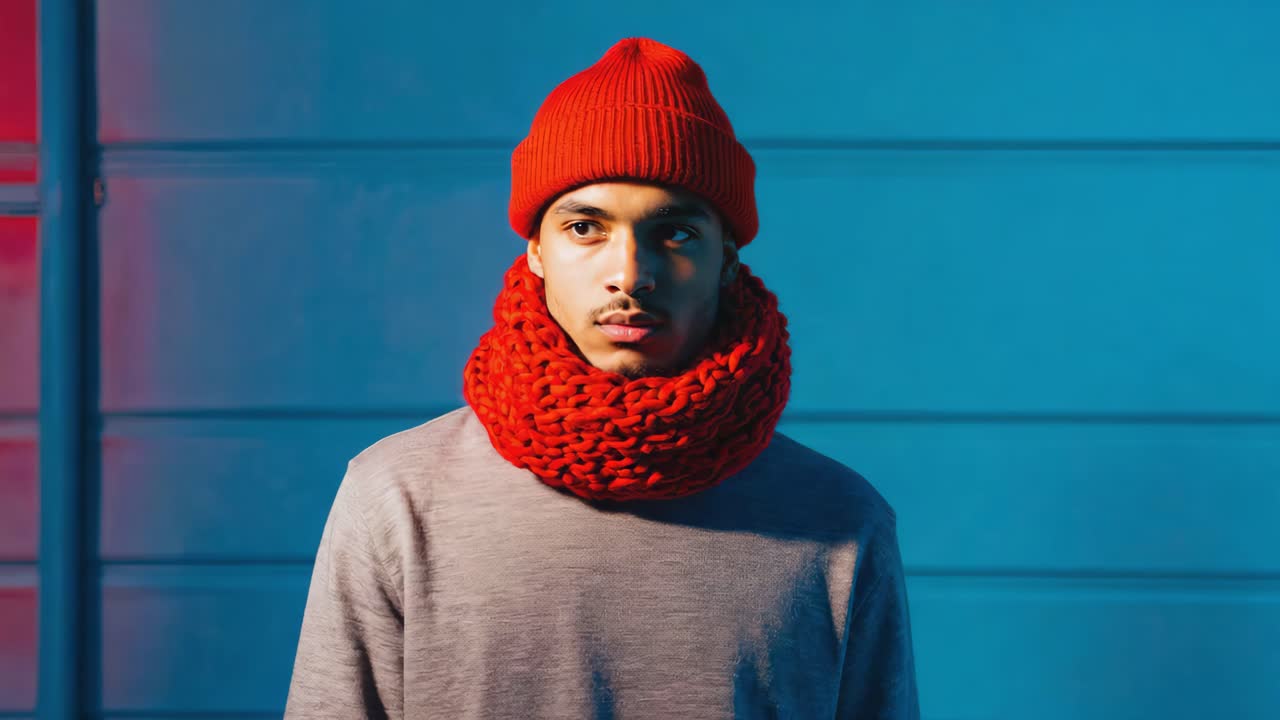 Man in Red Beanie and Scarf