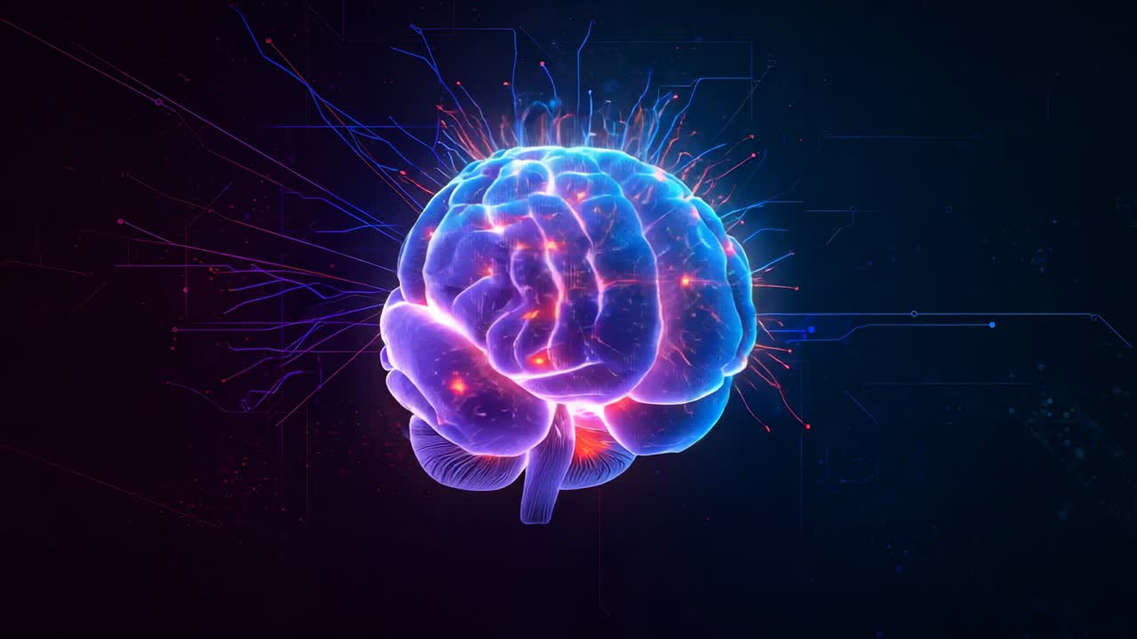 Initializing digital brain model rotating against grid backdrop, simulating neural firing patterns