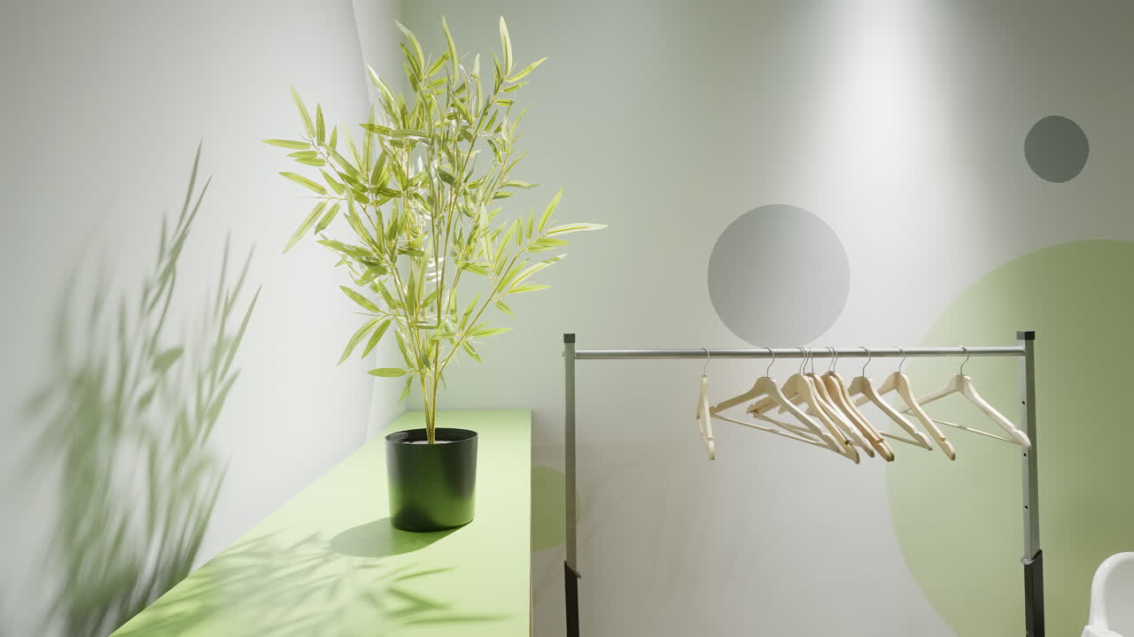 vestidor elegante con planta de bambú y colgadores