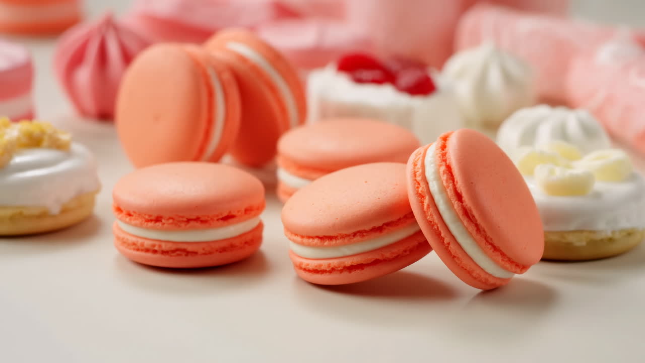 Pink Macarons And Meringues Arranged On Ivory Surface With Soft Bokeh, Closeup Coral Macaron Trio With Creamy