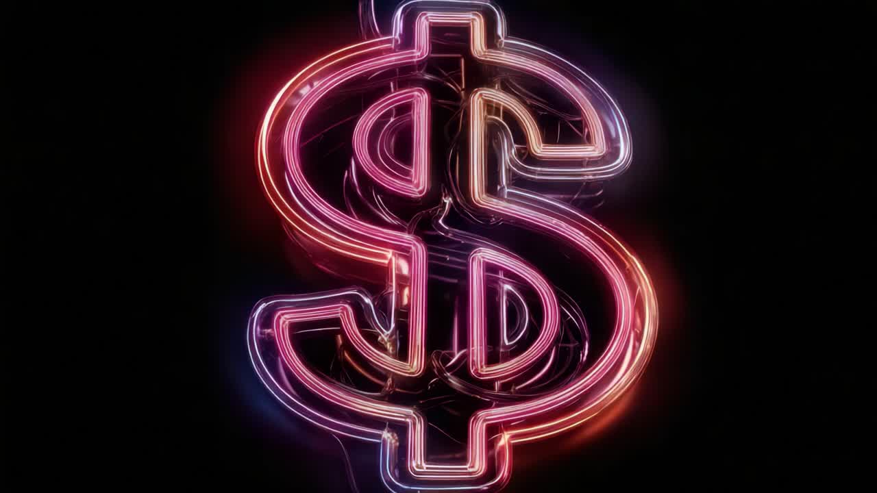 Une enseigne néon dollar vivement éclairée affichant une interprétation moderne de la monnaie avec des couleurs vives et des effets de lueur artistique sur un fond sombre