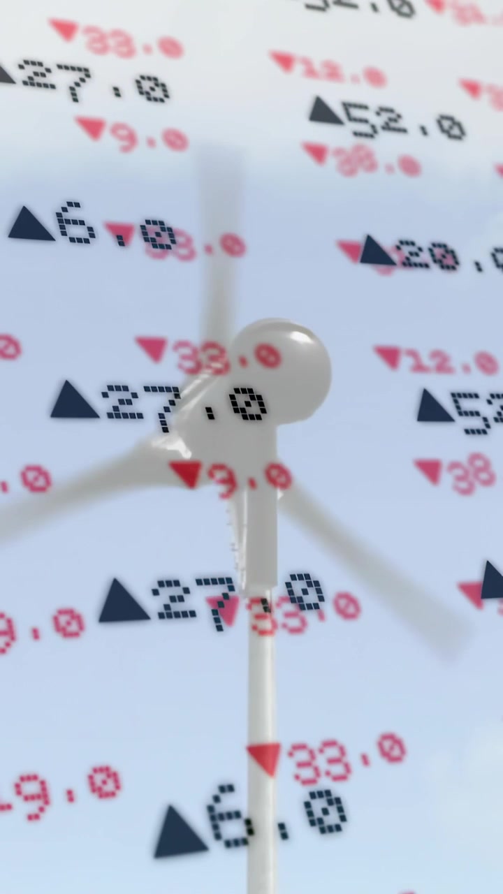 Video verticale: Raffica che avvia la rotazione di un rotore a 3 pale, dati digitali che rimangono statici, misurando il vento.