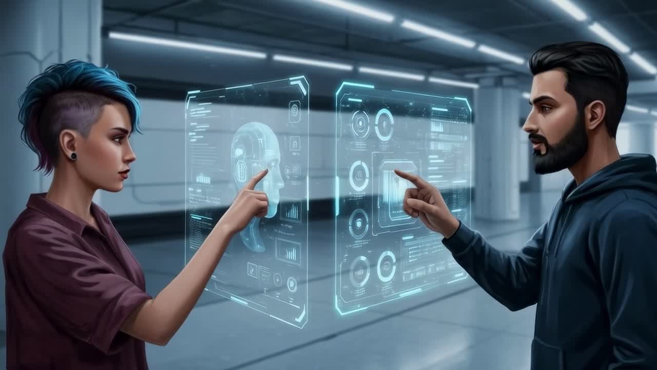 Engaging interaction between two individuals in a futuristic digital lab environment showcasing advanced technology